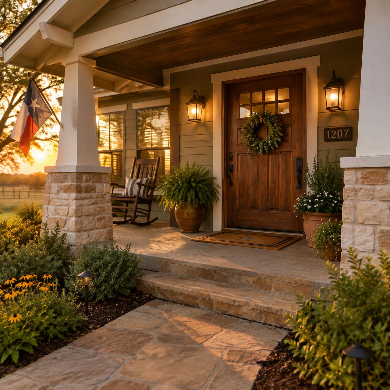 A warm front porch at sunset